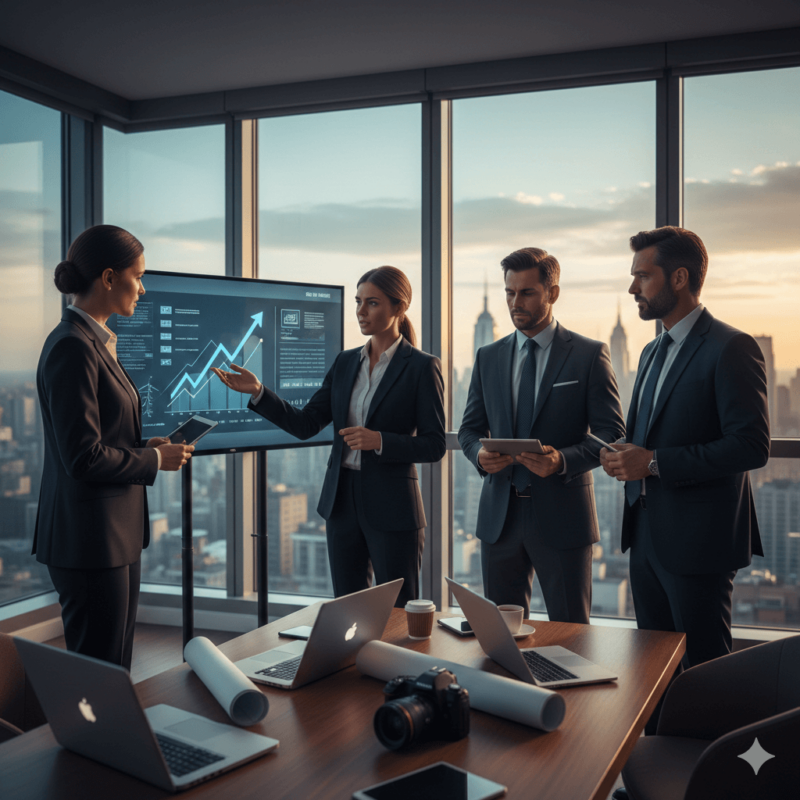 תמונת נושא של המאמר על קורס שיווק נדלן המציגה קבוצה של ארבעה אנשי עסקים בחליפות עומדים בחדר ישיבות מודרני בקומה גבוהה, המשקיף על קו הרקיע של העיר בשעת שקיעה. שתי נשים עומדות ליד מסך גדול המציג גרף עלייה חיובי; אחת מהן מצביעה על הנתונים בעוד האחרת מחזיקה טאבלט. שני גברים עומדים מולן ומקשיבים בריכוז. על השולחן בקדמת התמונה מונחים מחשבים ניידים, תוכניות מגולגלות ומצלמה מקצועית. התמונה משדרת הצלחה, צמיחה כלכלית ושיתוף פעולה מקצוע