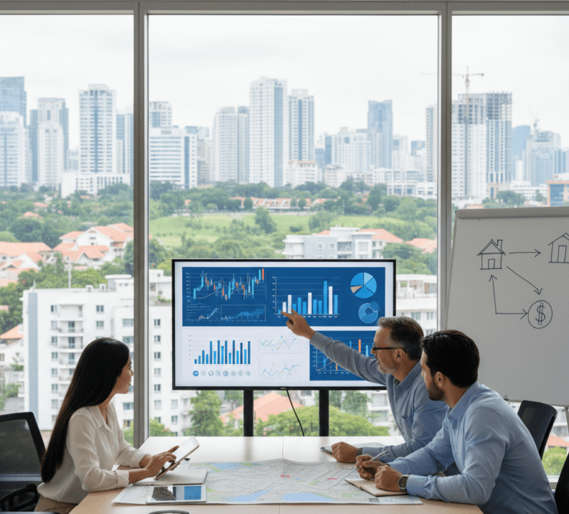 תמונת נושא של המאמר על לימודי נדלן ויזמות המציגה שלושה אנשי עסקים, אישה ושני גברים, מקיימים ישיבת עבודה בחדר ישיבות מודרני עם חלון גדול המשקיף לנוף עירוני של גורדי שחקים. אחד הגברים מצביע על מסך גדול המציג גרפים ונתונים פיננסיים, בעוד האישה והגבר השני מקשיבים ובוחנים מפות ומסמכים הפרוסים על השולחן לפניהם. לצדם ניצב לוח מחיק עם תרשים פשוט של מבנים וסימני דולר.