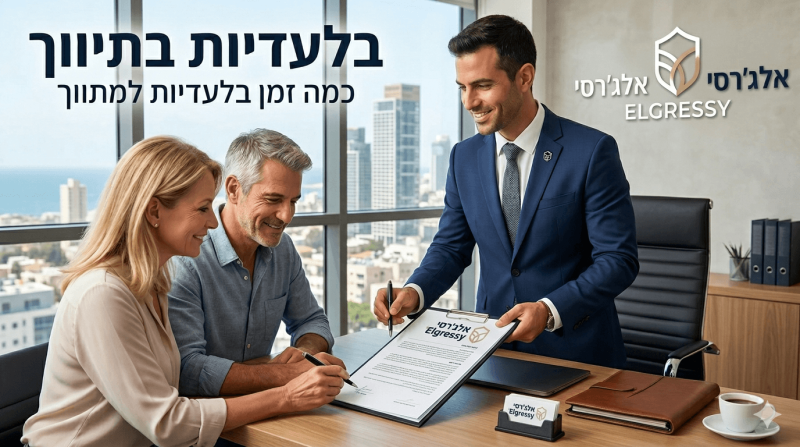 סוכן נדלן בחליפה כחולה מחייך ומגיש טופס על קליפבורד לזוג מבוגר היושב מולו במשרד מודרני וחותם על מסמכים מול חלון פנורמי המשקיף לקו הרקיע של העיר וגורדי שחקים. בחלקה העליון של התמונה מופיע כיתוב בולט בעברית בלעדיות בתיווך כמה זמן בלעדיות למתווך לצד הלוגו של אלגרסי Elgressy המופיע גם על גבי הטופס וכרטיסי הביקור המונחים על השולחן המעוצב הכולל גם קלסר עור וספל קפה המשרים אווירה מקצועית ונינוחה של סגירת עסקה.