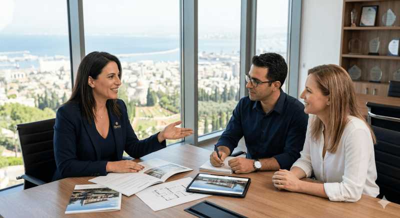 תמונת נושא של המאמר על טיפול בהתנגדויות מכירה המציגה אישה בחליפה כהה יושבת משמאל ומחייכת תוך כדי שהיא מסבירה ומחווה בידה לעבר גבר ואישה היושבים מולה סביב שולחן ישיבות מעץ במשרד מודרני. על השולחן מונחים מסמכים, תוכניות אדריכליות, חוברות וטאבלט המציג הדמיה של מבנה. הגבר מרכיב משקפיים ואוחז בעט, והאישה שלצידו לבושה בחולצה לבנה ומחייכת. מאחוריהם נשקף חלון זכוכית גדול הצופה לנוף פנורמי של עיר נמל, גנים ירוקים וים, ומימין נראה ארון מדפים עם תעודות ומגנים.